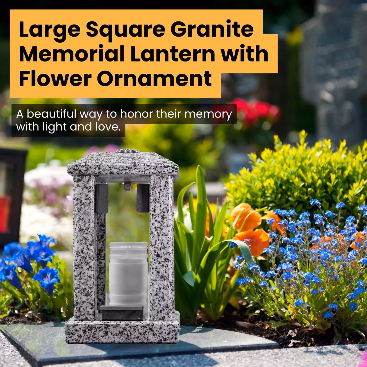 Novecrafto Polished Grey Granite Memorial Candle Lantern with Floral Decor, Height: 32 cm – 7