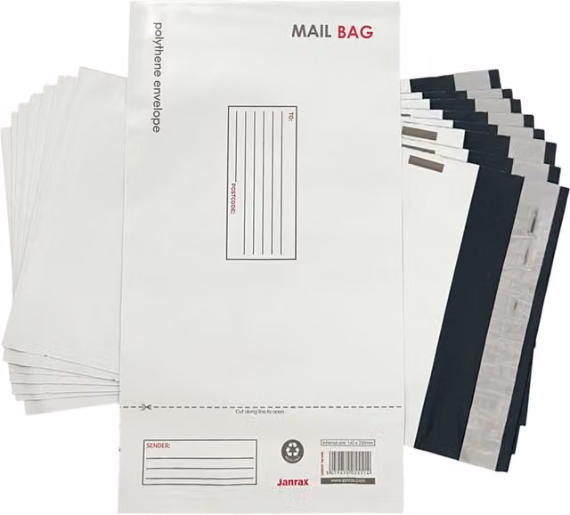 Janrax Pack of 20 White Polythene Mailing Bags with Self-Adhesive Peel and Seal Envelopes, W: 16 cm x H: 23 cm