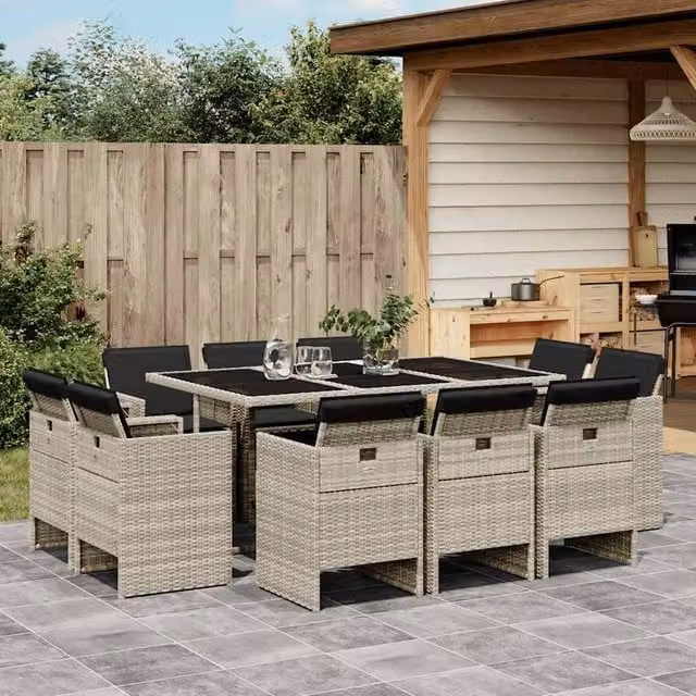 Berkfield Home 11 Piece Modern Poly Rattan Garden Dining Set with Cushions and Glass Tabletop in Grey – 1