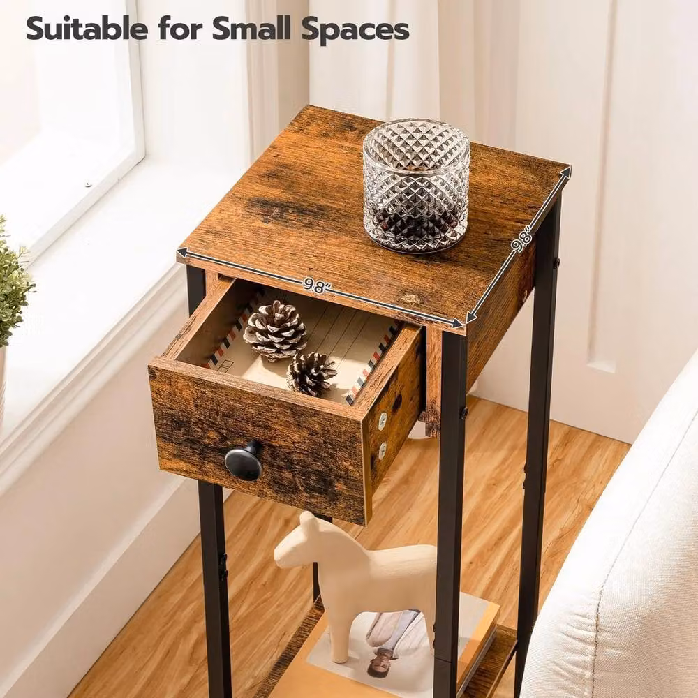 FORGEVIO Slim Bedside Table with Drawer in Brown and Black, W/D/H: 25 x 25 x 70 cm – 3