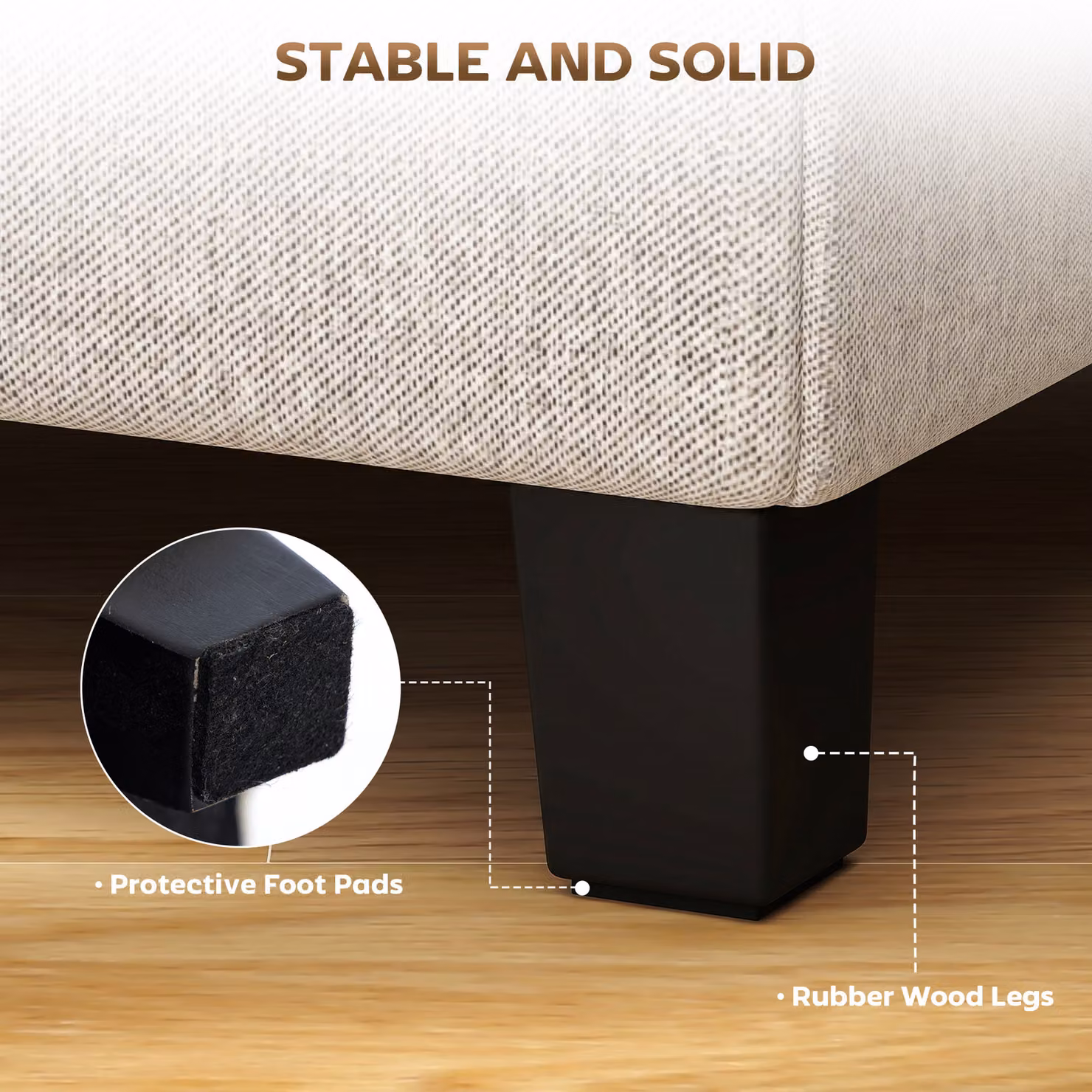HOMCOM Small Square Ottoman Footstool with Side Pocket and Rubberwood Legs in Beige – 4