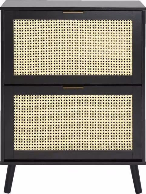 Home Garden Direct Craven Cane Shoe Cabinet in Black and Brown with Rattan Doors and Internal Shelves