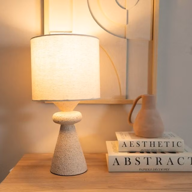 ValueLights Cady Pair of Stone Effect Table Lamps with Fabric Drum Shades in Beige and Grey – 1