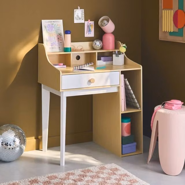 sweeek Minimalist White Desk with Drawer and Shelves for Children's Rooms W/D/H: 80 x 50 x 96 cm