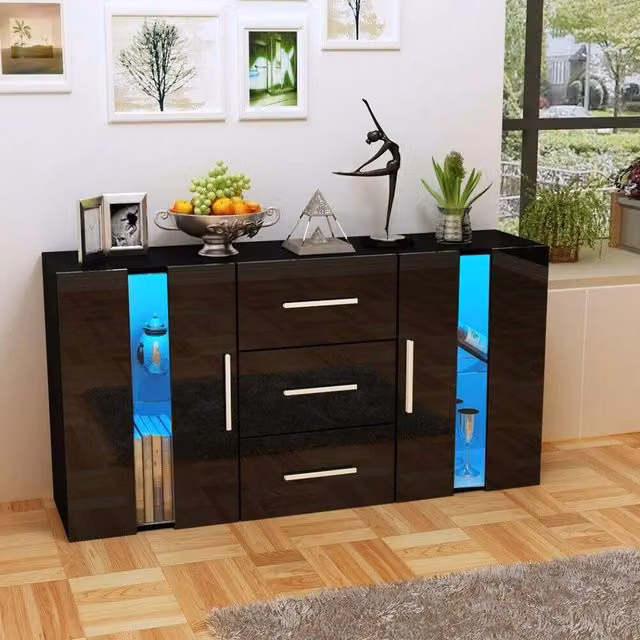 FORGEVIO Modern Black Storage Cabinet with High Gloss Doors and Integrated LED Lighting
