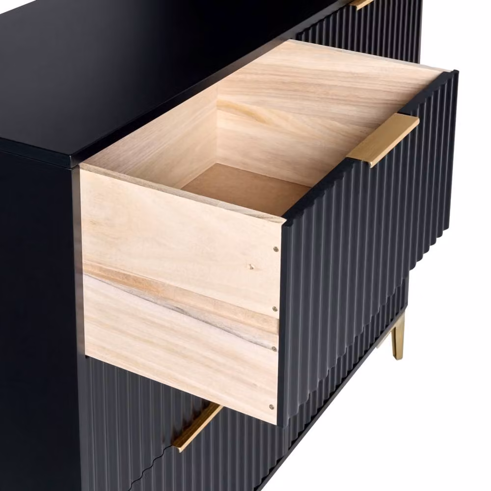 Wyld and Coco Black Six-Drawer Chest with Fluted Fronts and Gold Metal Handles – 3