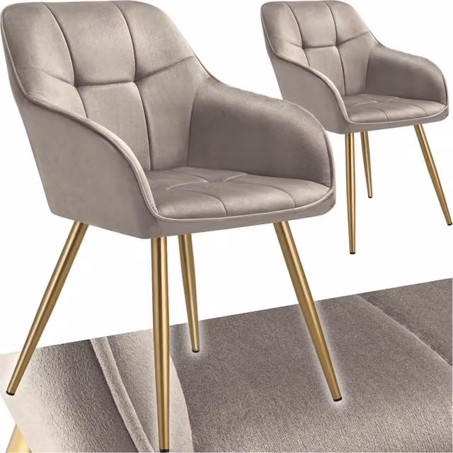 Tectake Marilyn Quilted Velvet Dining Chair with Metal Legs in Taupe
