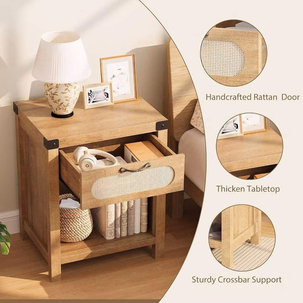 London Boutique Boho Rattan Bedside Cabinet with Drawer and Shelf in Natural – 4