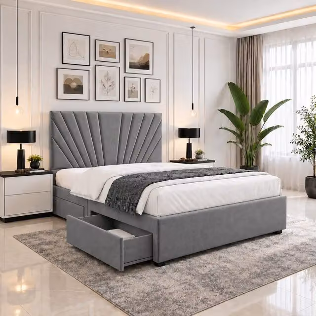 Velmora Luxury Upholstered Fabric Divan Bed with Tall Headboard, Mattress and Drawers, Grey, W: 180 cm, D: 200 cm