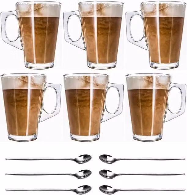 FLAVORA 6 Pack Clear Glass Latte and Cappuccino Cups
