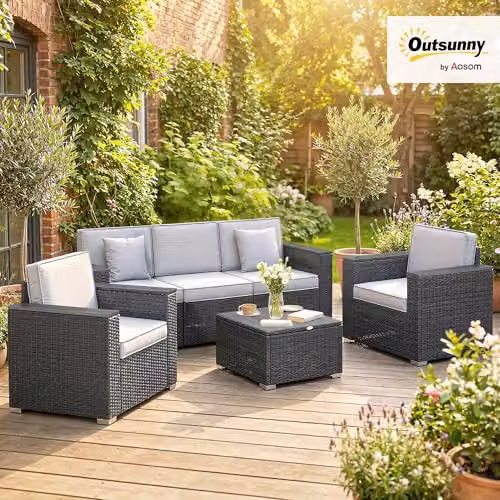 Outsunny 5 Seater Rattan Garden Furniture Set with Upholstered Cushions in Grey – 2