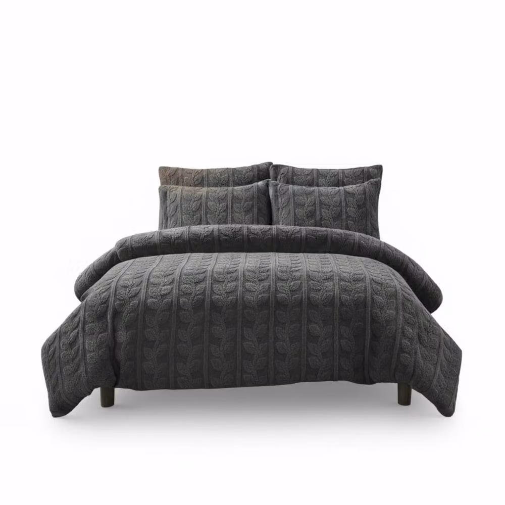 Snug City Grey Leaves Embossed Ultra Soft Teddy Fleece Duvet Cover and Pillowcase Set, Single, W: 90 cm, L: 200 cm – 2