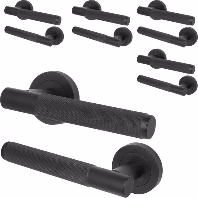 AFIT Matt Black Knurled Internal Lever Door Handles with Round Rose, 5 Pairs