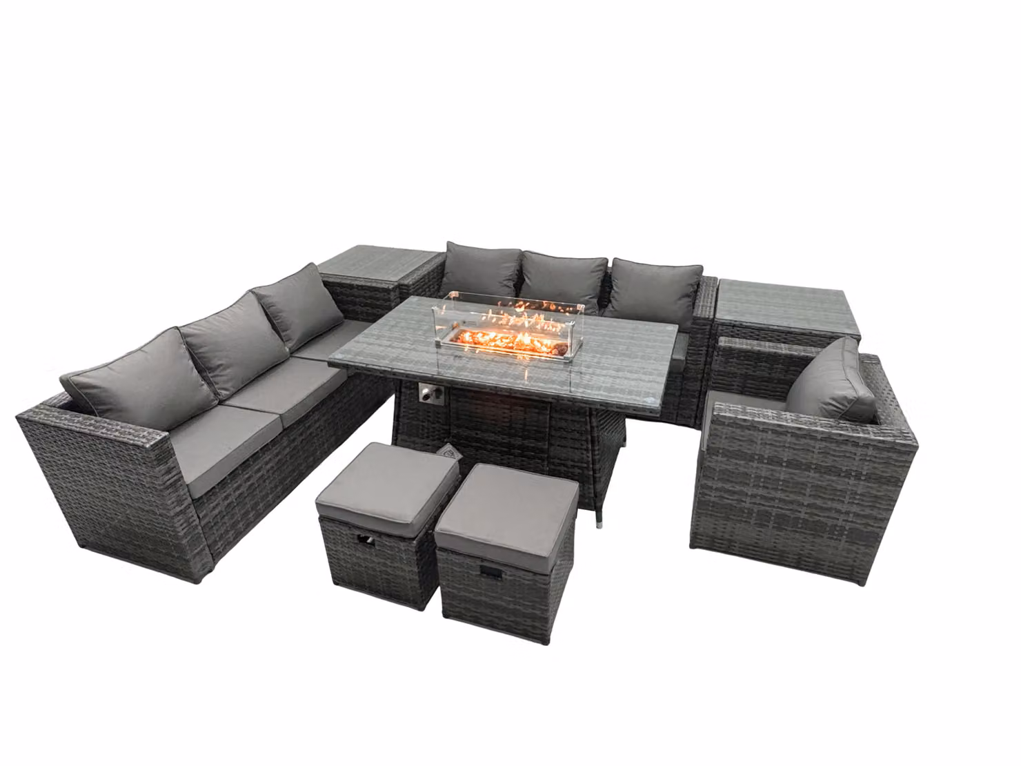 Fimous 9 Seater Rattan Garden Furniture Firepit Dining Set with Lounge Sofa, Table, 2 Side Tables and 2 Footstools in Dark Grey – 2