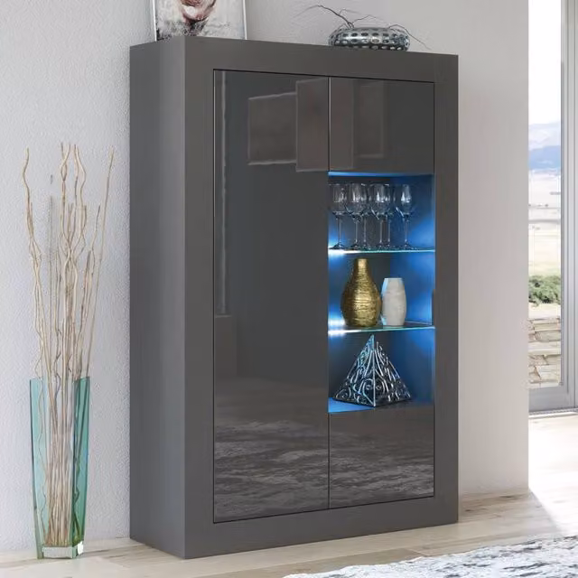 Creative Furniture Arcadia Display Cabinet in Dark Grey with Glossy Glass Doors and Integrated LED Lighting