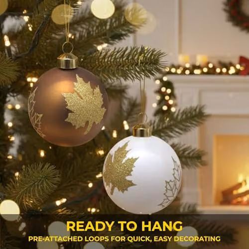 Shatchi 12-Piece Set of Classic Floral Glass Baubles in White, Gold and Brown for Christmas, Weddings or Parties, Diameter: 8 cm – 2