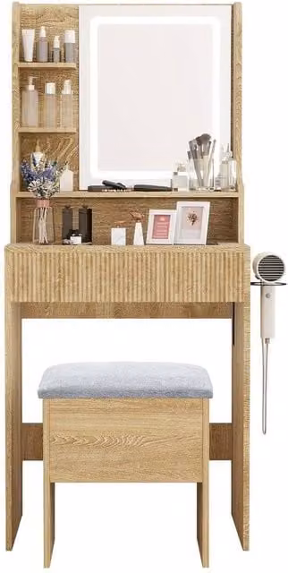 FLAVORA Modern Wood Dressing Table Set with Hollywood LED Mirror in Brown and Gold – 1