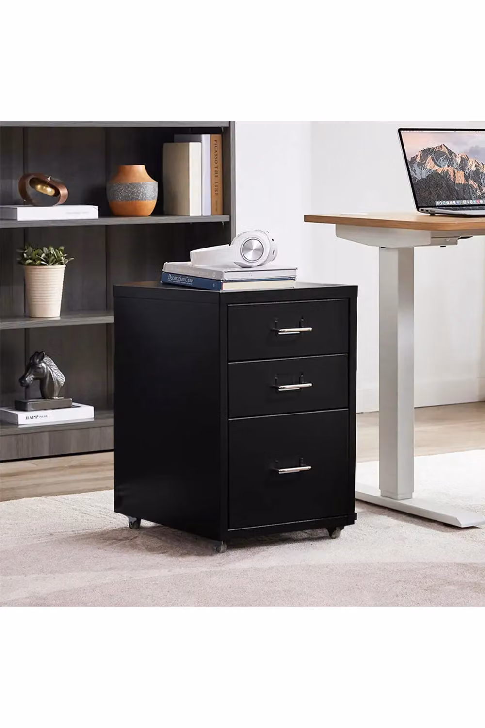 Living and Home 3-Drawer Vertical Metal File Cabinet with Castors, Black – 2