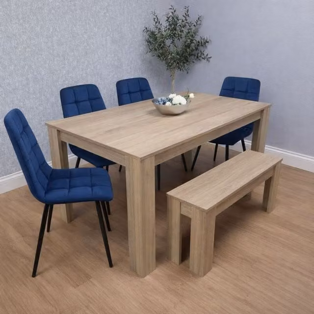 Kosy Koala Oak Effect Dining Set with Rectangular Table, 4 Velvet Chairs and Bench in Blue