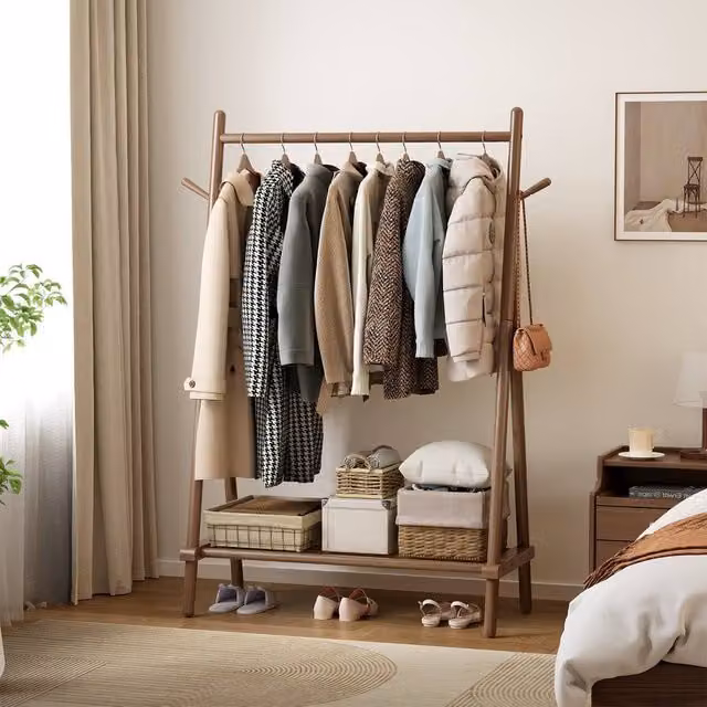 YQJJGL Mobile Rolling Clothes Rack with Hanging Rod and Storage Shelves in Walnut Wood and Metal – 1