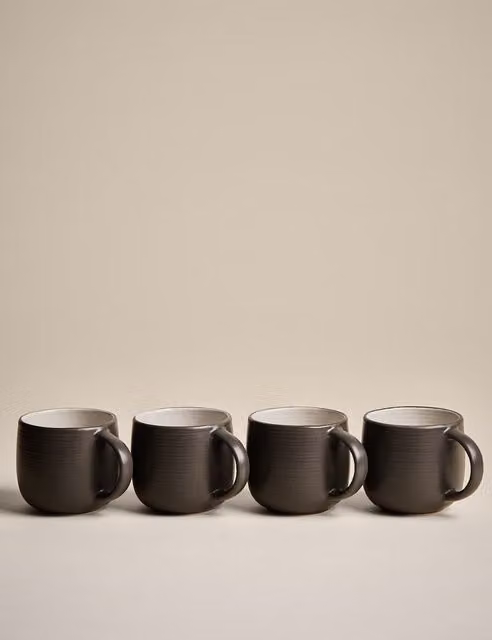 M&S Set of 4 Grey Striped Ceramic and Stoneware Mugs