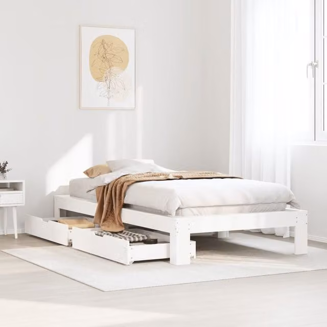 Berkfield Home White Solid Wood Pine Bed Frame with Drawers W/D/H: 100 x 200 cm