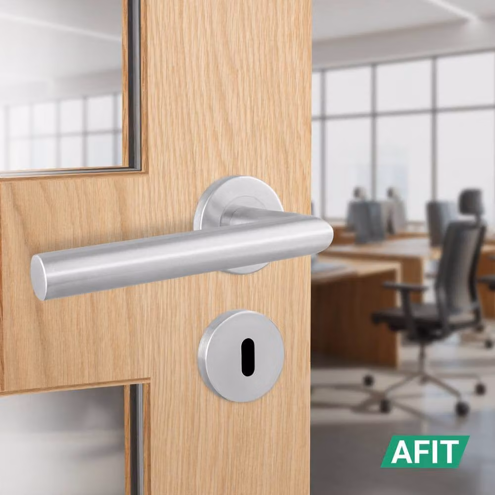AFIT Silver Satin Lever on Round Rose Door Handles and Key Lock Kit in Brushed Stainless Steel – 4