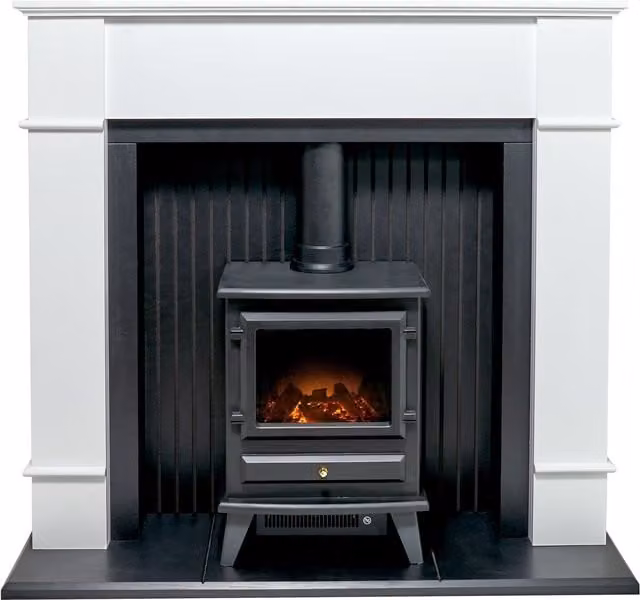 Adam Fires & Fireplaces Oxford Stove Fireplace in Pure White with Hudson Electric Stove in Black, 48 Inch