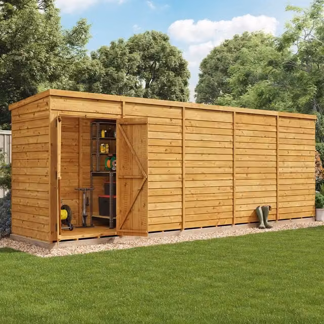 BillyOh Switch Overlap Pent Wooden Shed in Brown with Double Doors and Floor, W: 609.6 cm, D: 70.7 cm