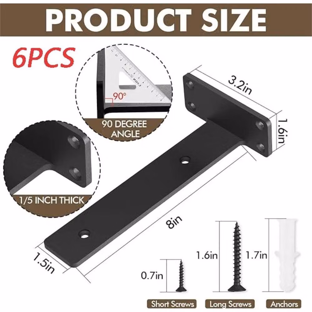 Nordara 6-Piece Set of Matt Black Steel Concealed Floating Shelf Brackets – 2