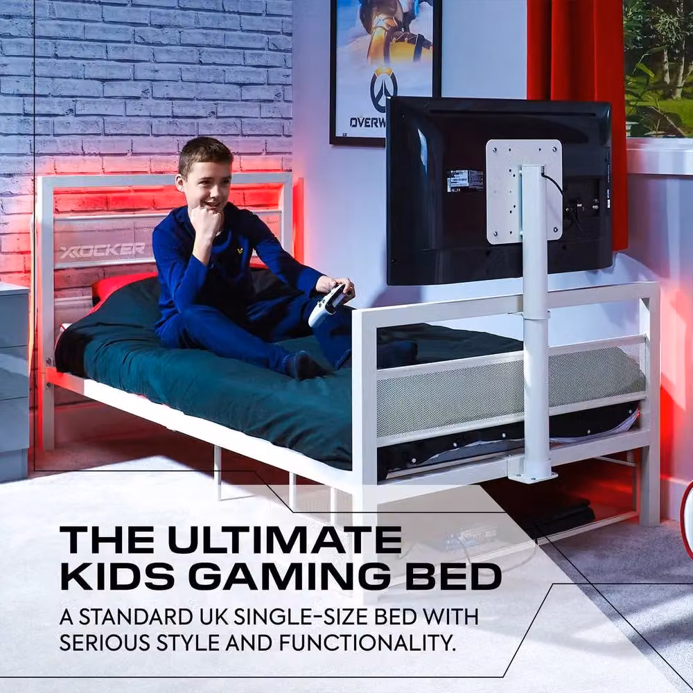 X Rocker Basecamp Single TV Bed with Rotating TV Mount, Storage and Mattress in White (W: 90 cm, D: 200 cm) – 3