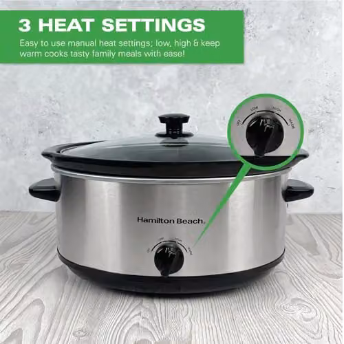 Hamilton Beach 6.5L Family Favourite Slow Cooker in Silver with Ceramic and Stainless Steel Construction – 5