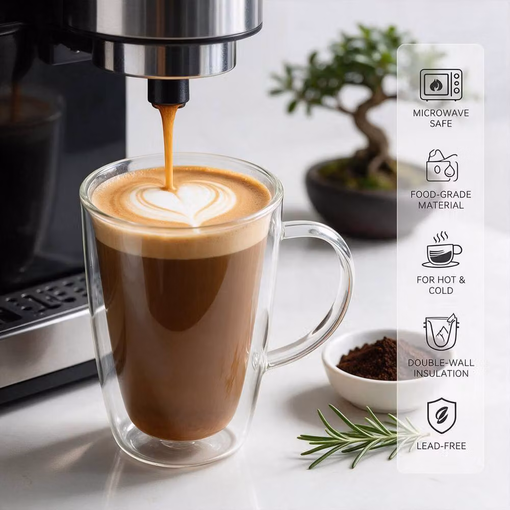 Crystals Double Wall Insulated Glass Coffee Mug with Handle, 350ml, Clear – 3