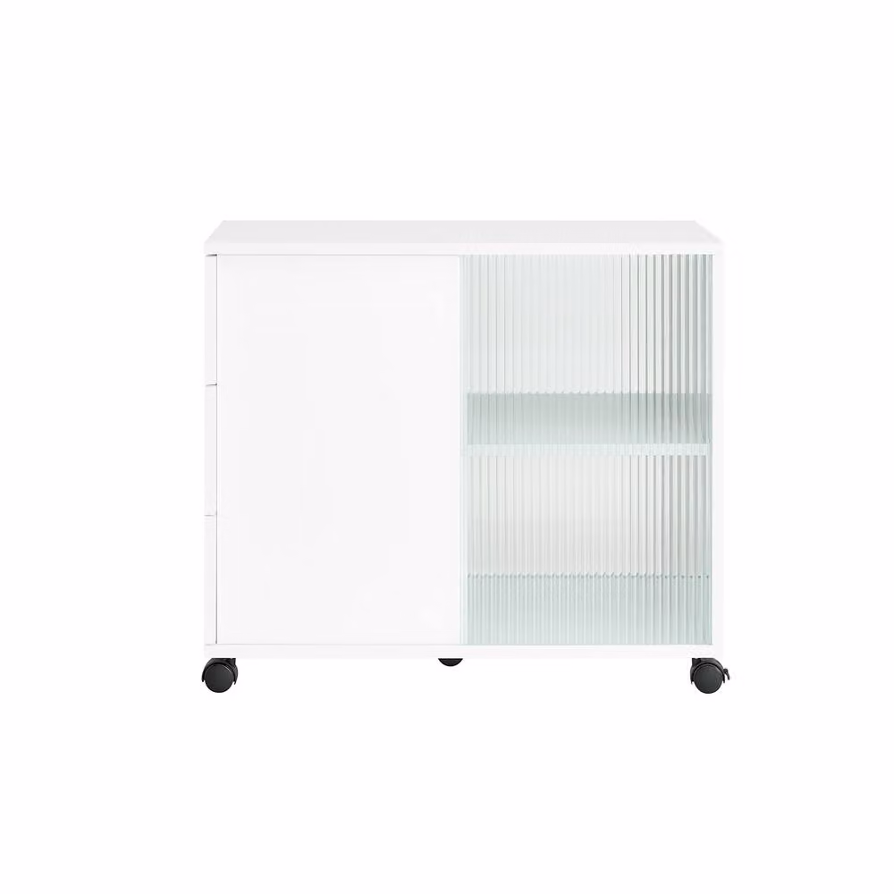 SoBuy Mobile Coffee Table with Glass Doors and Castors in White – 2