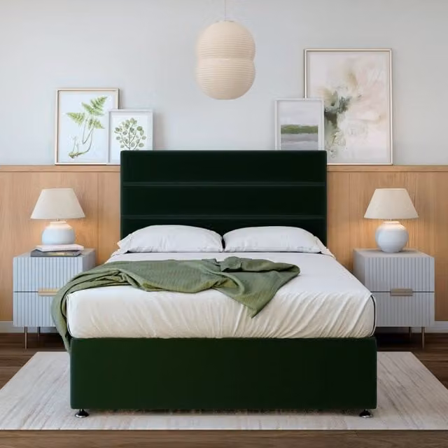 Bedmaster Plush Velvet Divan Base with Storage Drawers and Lined Headboard, W/D/H: 120 x 200 cm, Green, Blue or Silver