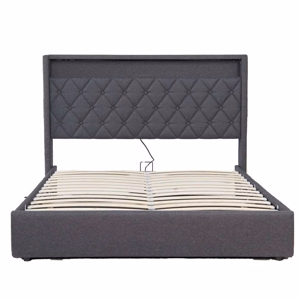 ModernLuxe King Upholstered Ottoman Bed in Grey with LED Lighting, USB Charging Ports and Storage Headboard – 9