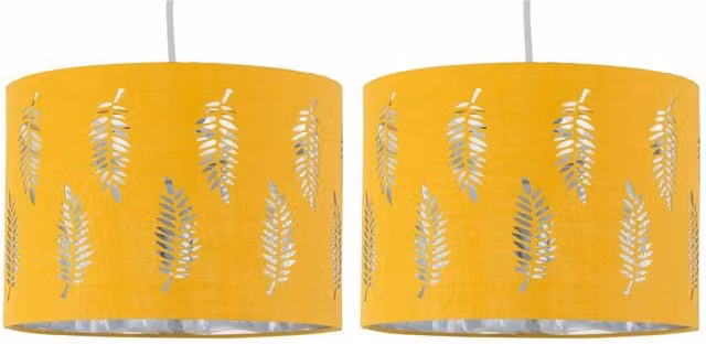 First Choice Lighting Set of 2 Fern Ochre Cut Out Round Fabric Pendant Lightshades in Yellow, Diameter: 30 cm – 1
