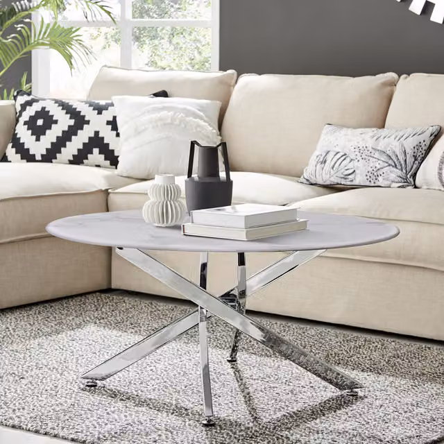 FurnitureboxUK Novara Round Coffee Table with White Marble Effect Glass Top and Silver Metal Legs