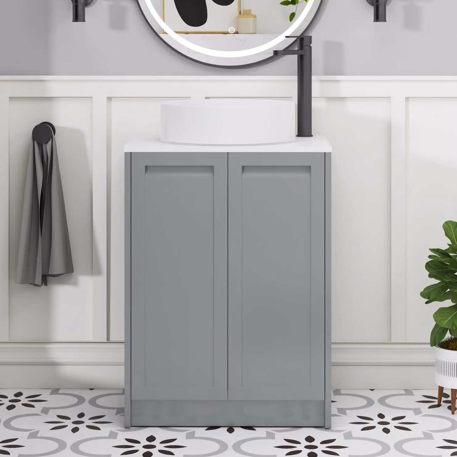 Royal Bathrooms Elmore Matt Pebble Grey 2 Door Floor Standing Vanity Unit with Plain White Worktop