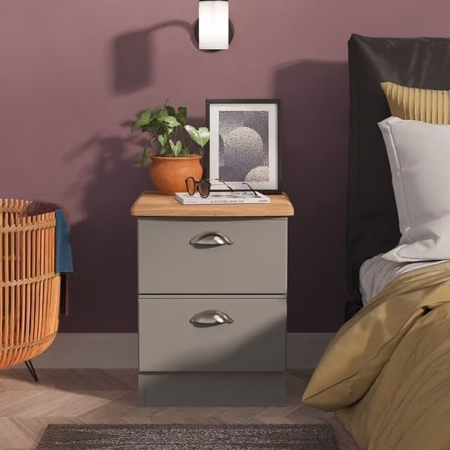 Victoria Modern 2 Drawer Bedside Cabinet in Grey Matt Finish