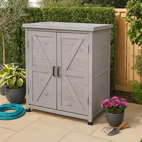 AIRWAVE Grey Wooden Garden Storage Tool Shed with Internal Shelves and Hinged Doors, Spruce Wood, W/D/H: 80 x 45 x 92 cm – 1