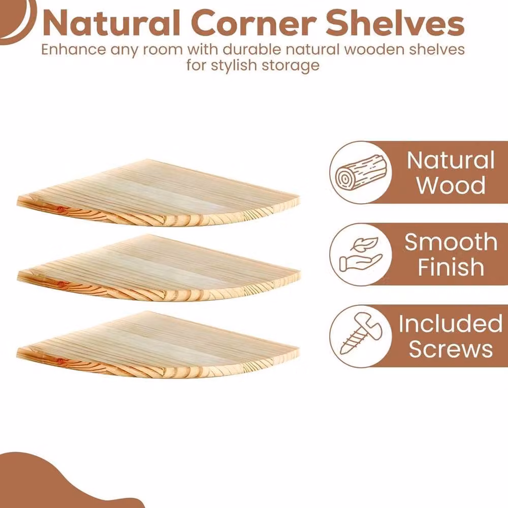EONLION Set of 3 Natural Wood Wall Mounted Corner Storage Shelves, Width: 60 cm – 2