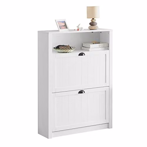 SoBuy Modern White Shoe Cabinet with Tilting Compartments and Internal Drawers, W/D/H: 80 x 24 x 110 cm – 2