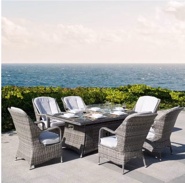 Direct Wicker 7-Piece Outdoor Dining Set with Fire Pit Table in Grey for 6 Adults
