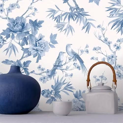 Rasch Amelie Chinoiserie Japanese Oriental Style Floral Wallpaper in Blue, White and Green – 3