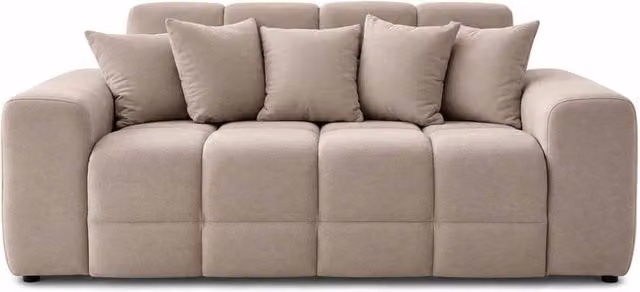 Furnishings For Less UK Jenson 3 Seater Beige Plush Velvet Sofa with Scatter Cushions, W: 215 cm, D: 90 cm, H: 105 cm – 1