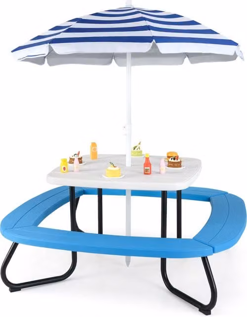 Costway Kids Picnic Table and Chair Set with Umbrella in White
