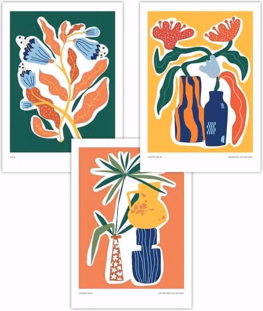 ARTZE Set of 3 Artisan Flower Market Botanical Art Posters in Green, Yellow and Orange, W: 50 cm x H: 70 cm