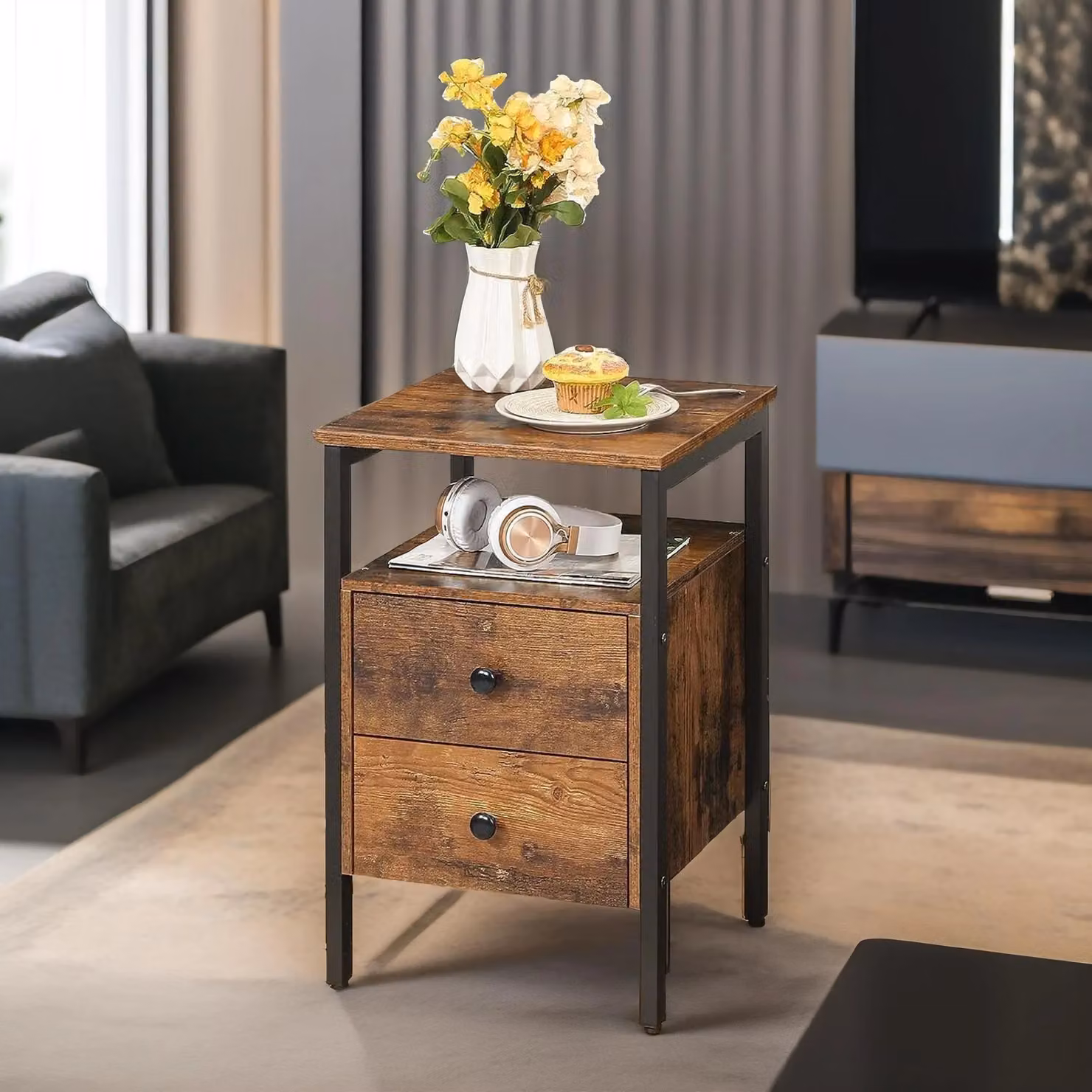 Rafaelo Mobilia Industrial Bedside Table with 2 Drawers in Brown and Black, W/D/H: 40 x 40 x 61 cm – 3