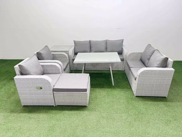 Fimous Outdoor Rectangular Table Sofa Set in Light Grey with Reclining Chair and Side Table